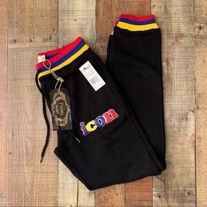 FWRD denim icon kids black red yellow blue striped joggers sweatpants - L(14/16)